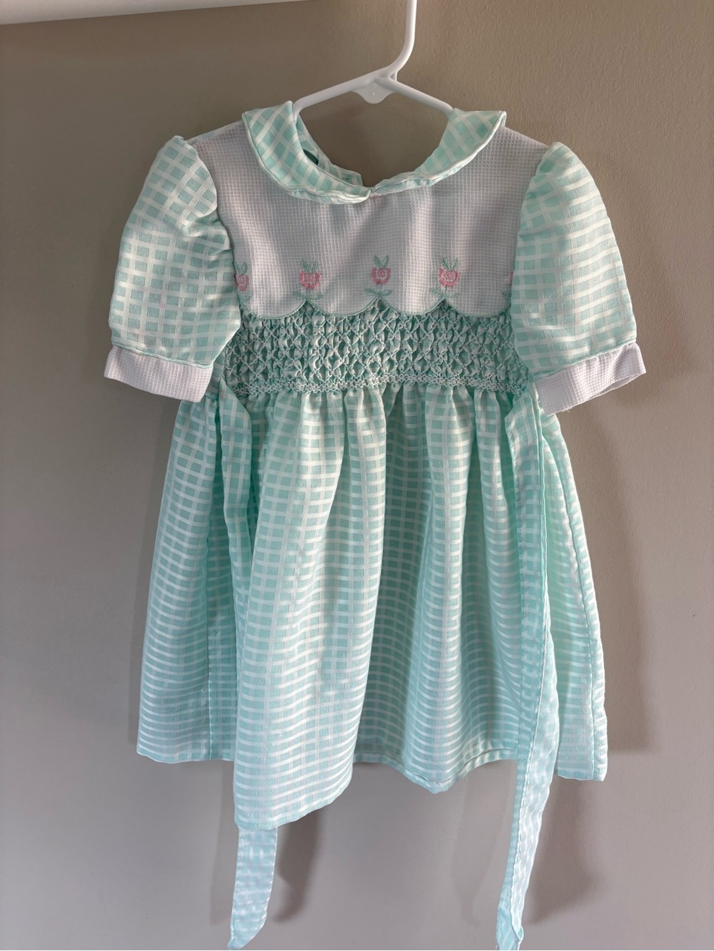 Smocked Baby Girl Dress in Mint Green with Pink Tulip Embroidery
